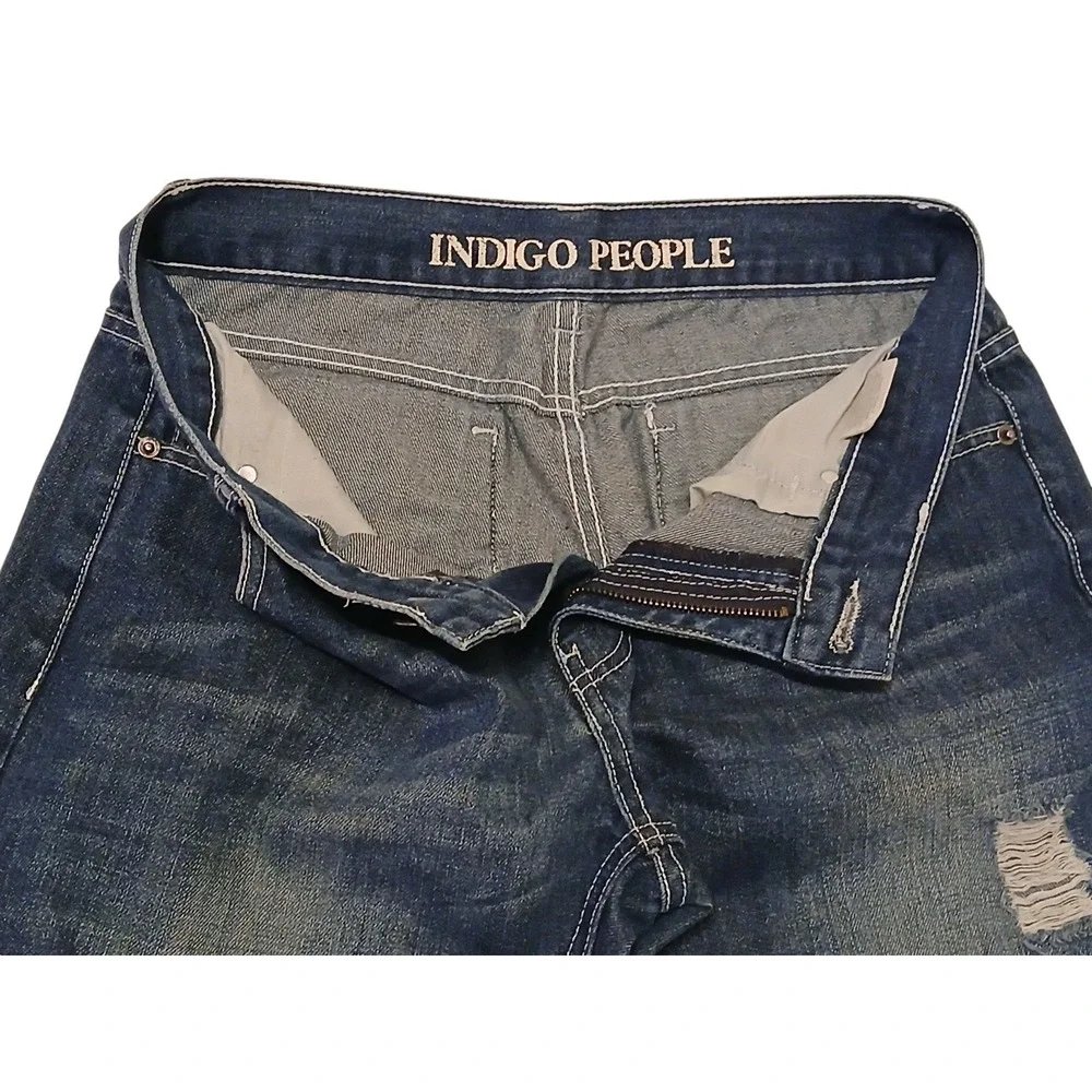 Indigo People Men's Jeans 32x30 Blue Distressed Straight Leg Denim Pants Embroid